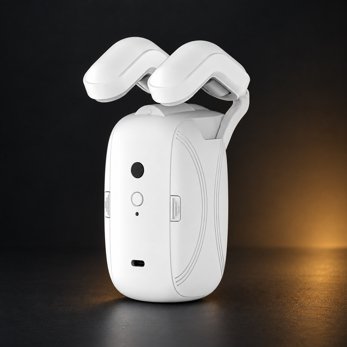 LumiTrack Pro smart curtain opener with white rod clips on a graphite background